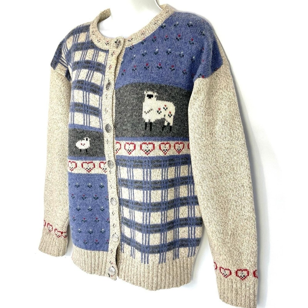 Vintage Eddie Bauer Sheep Patchwork Wool Cardigan Sweater Women's M - Picture 3 of 12